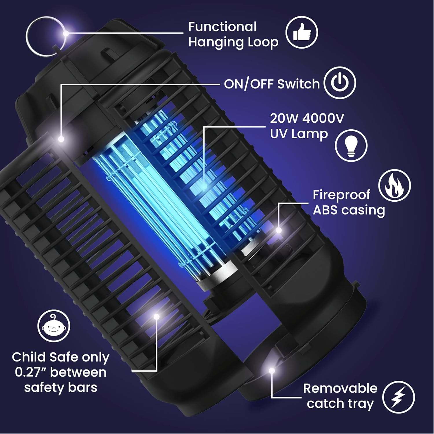LiBa Electric Bug Zapper, Indoor Insect Killer - (2) Extra Replacement Bulbs - Fly, Mosquito Killer and Repellent - Lightweight, Powerful 2800V Grid, Easy-to-Clean, with a Removable Washable Tray.