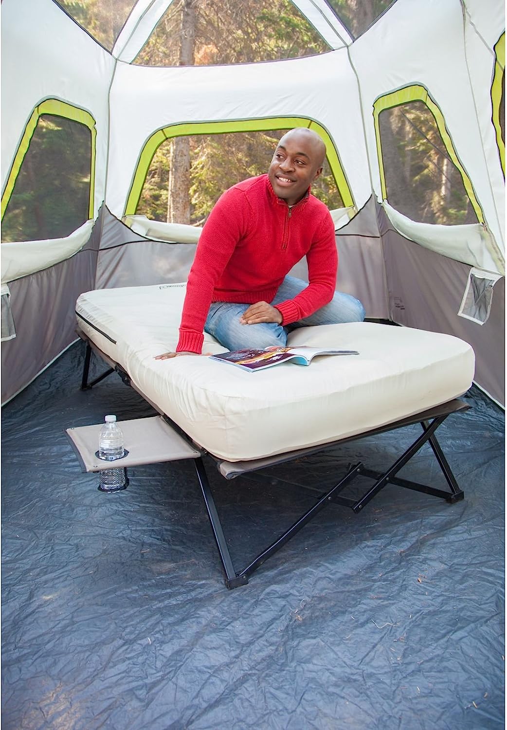 Coleman Camping Cot, Air Mattress, and Pump Combo, Folding Camp Cot and Air Bed with Side Table and Battery Operated Pump
