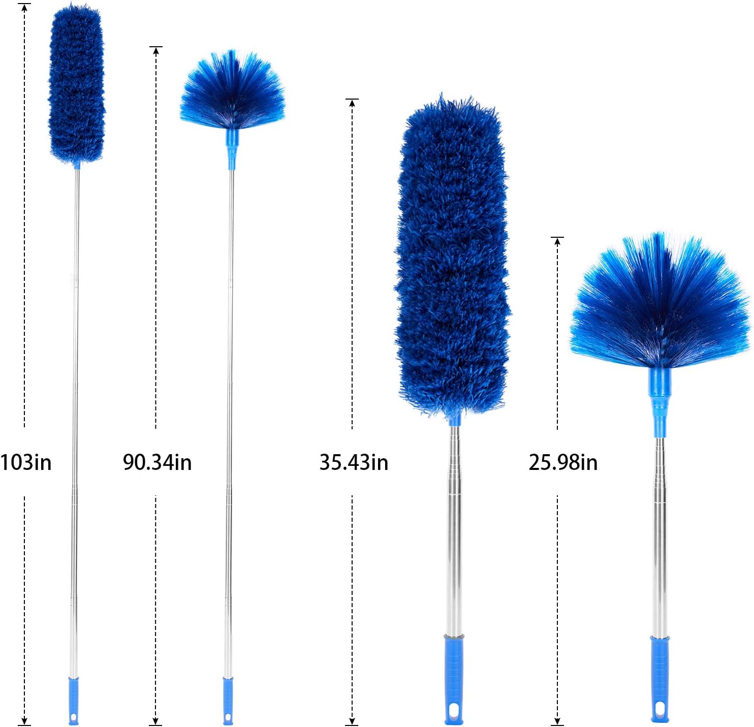 Ceiling Fan Duster with Extension Pole, Cobweb & Corner Brush Cleaning Kit w 2 Duster Heads for Cleaning,15-100 Inch Long Handle Aluminum Telescoping Pole, Washable（Blue）