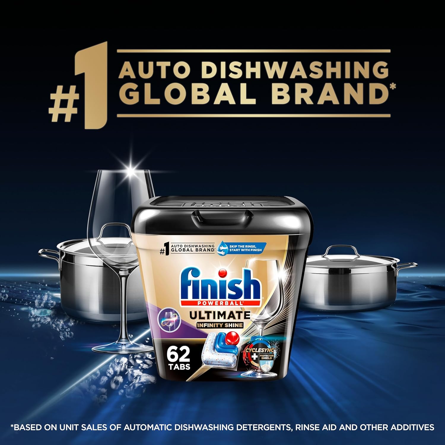 Finish Ultimate Plus Infinity Shine Dishwasher Pods, No Pre-Rinse Dishwasher Detergent Tabs with Protector Shield & CycleSyn Technology, Removes Burnt-On Stains, Degreases, Scrubbing Power, 62 Count
