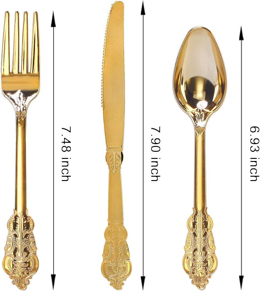 WDF300 Pieces Gold Plastic Silverware - Heavy Duty Disposable Gold Cutlery Set Plastic Gold Silverware Set Plastic Includes 100 Forks, 100 Spoons, 100 Knives