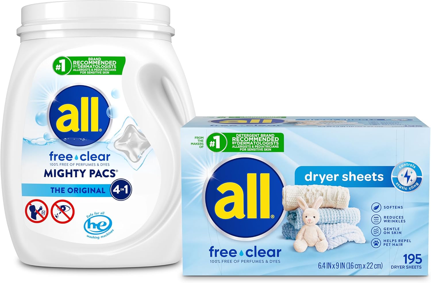 All Mighty Pacs Laundry Detergent, Free Clear for Sensitive Skin, Tub, 60 Count