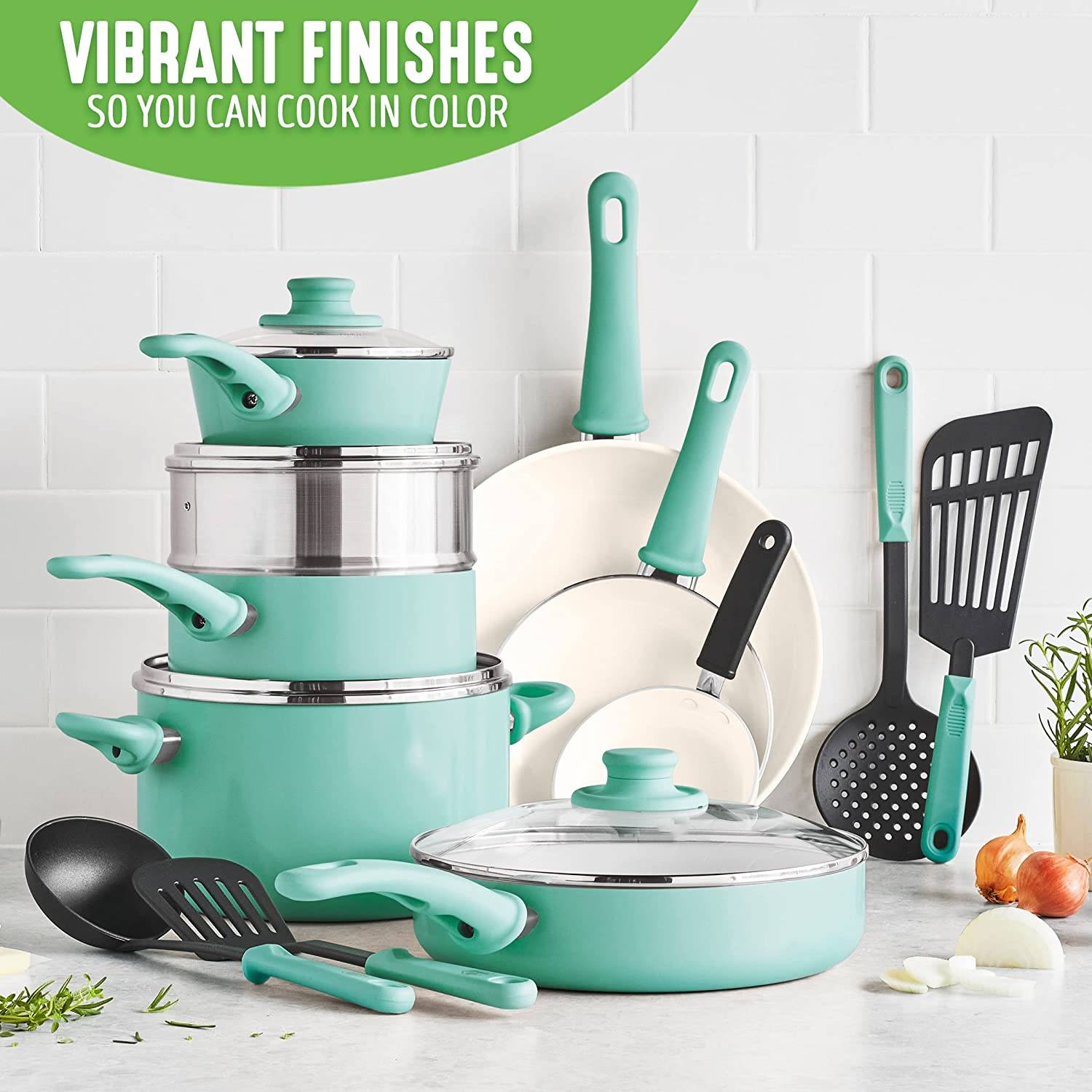 Soft Grip Healthy Ceramic Nonstick 16 Piece Cookware Pots and Pans Set, PFAS-Free, Dishwasher Safe, Turquoise