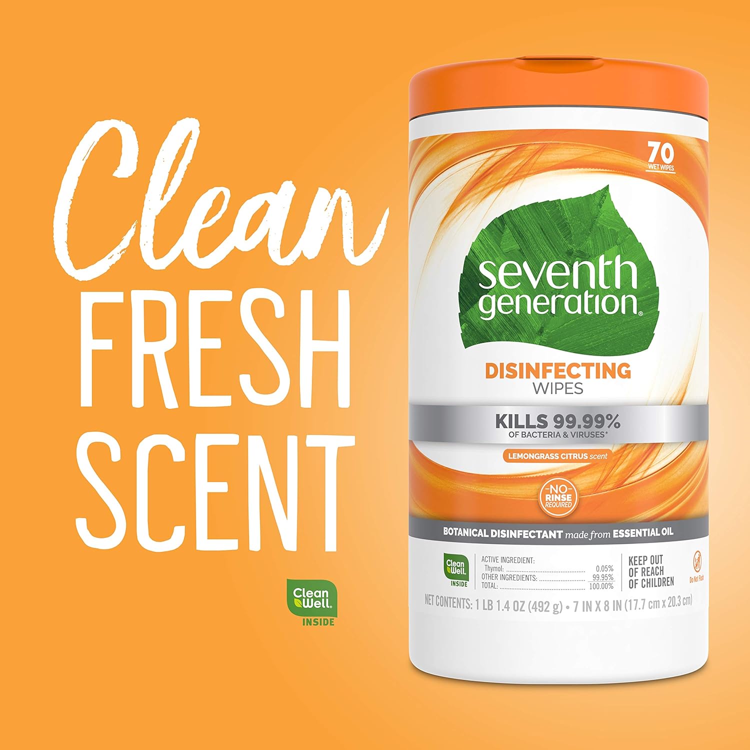 Seventh Generation Disinfecting Multi-Surface Wipes, Pack of 3, Lemongrass Citrus, 70 Count