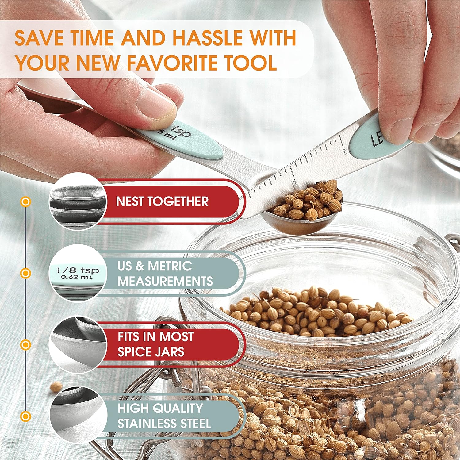 Spring Chef Magnetic Measuring Spoons Set with Strong N45 Magnets, Heavy Duty Stainless Steel Metal, Fits in Most Kitchen Spice Jars for Baking & Cooking, BPA Free, Black, Set of 8 with Leveler