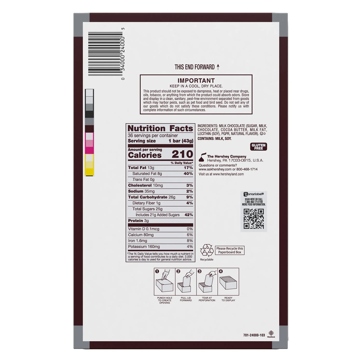 Hershey's Milk Chocolate Candy, Bars 1.55 oz, 36 Count