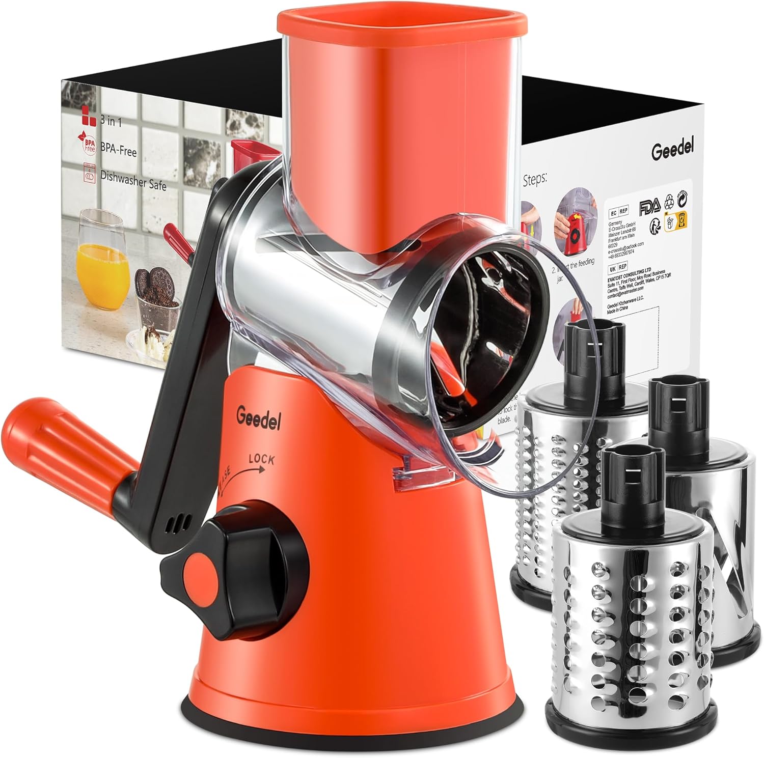 Geedel Rotary Cheese Grater, Kitchen Mandoline Vegetable Slicer with 3 Interchangeable Blades, Easy to Clean Grater for Fruit, Vegetables, Nuts