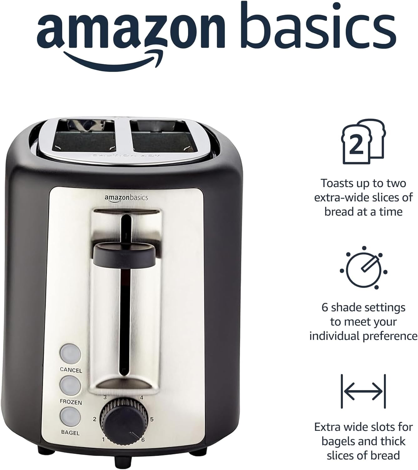 Basics 2 Slice Extra Wide Slot Toaster with Bagel Function, Removable Crumb Tray, 6 Browning Settings, Frozen Food Setting, Cancel Button, 900W, Black & Silver.