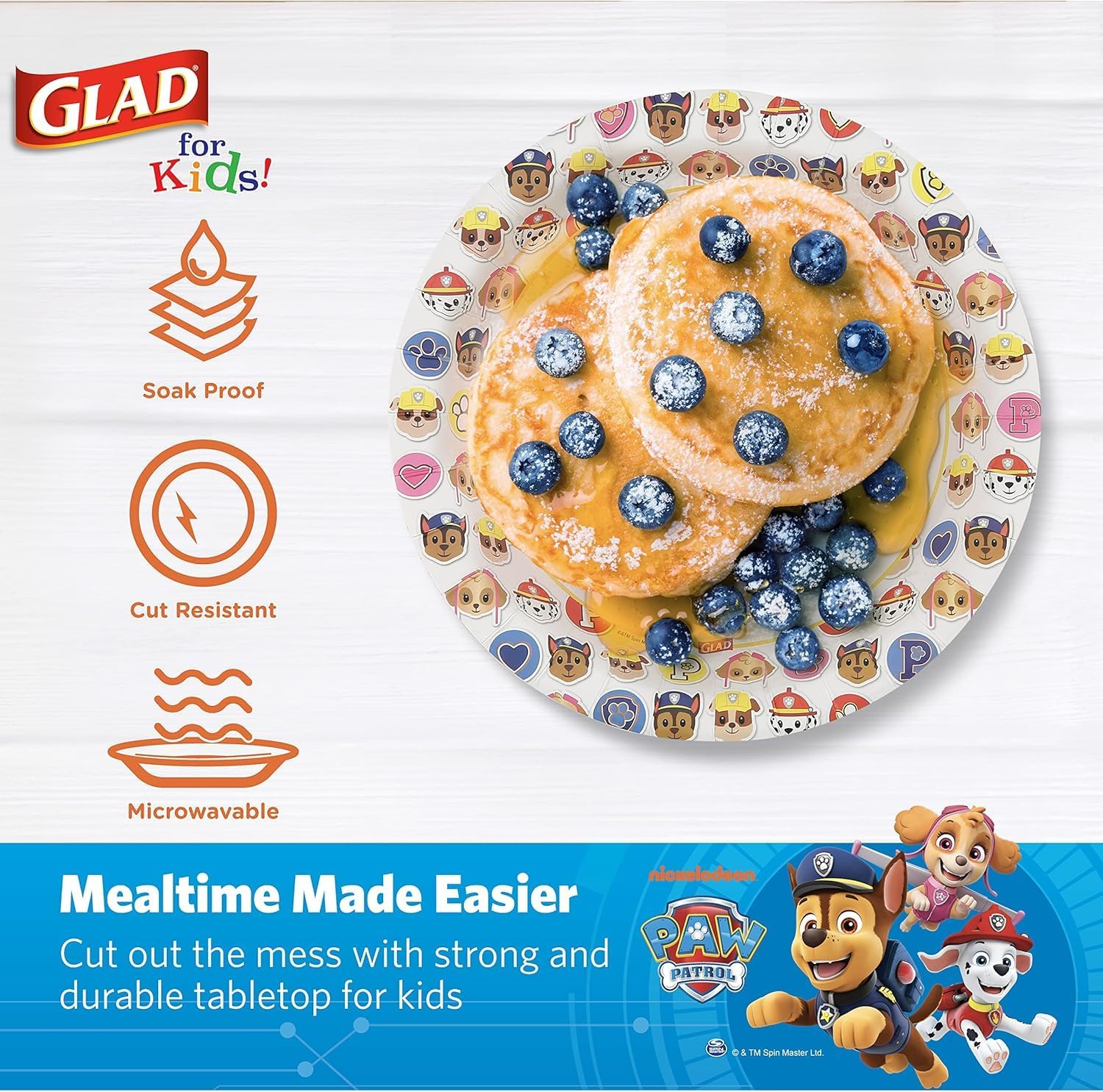Glad for Kids Paw Patrol Emoji Disposable Paper Plates - Soak Proof, Microwave Safe Snack Plates, Kid Friendly Dinnerware for Everyday Use, 7 Inch, 20 Count