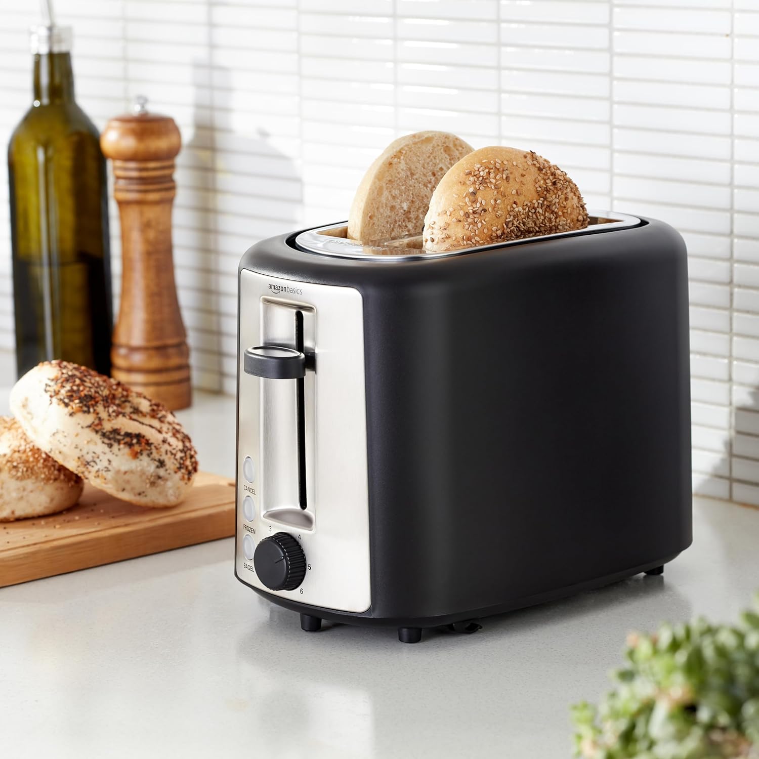 Basics 2 Slice Extra Wide Slot Toaster with Bagel Function, Removable Crumb Tray, 6 Browning Settings, Frozen Food Setting, Cancel Button, 900W, Black & Silver.