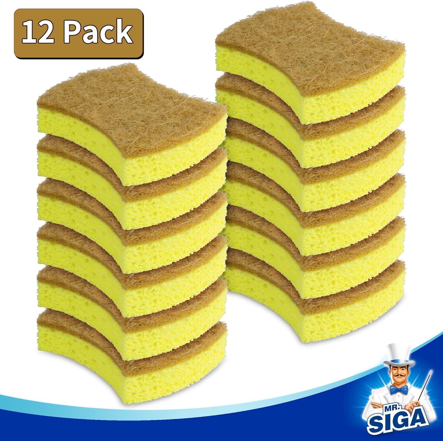 MR.SIGA Non-Scratch Cellulose Scrub Sponge, Dual-Sided Dishwashing Sponge for Kitchen, 12 Pack