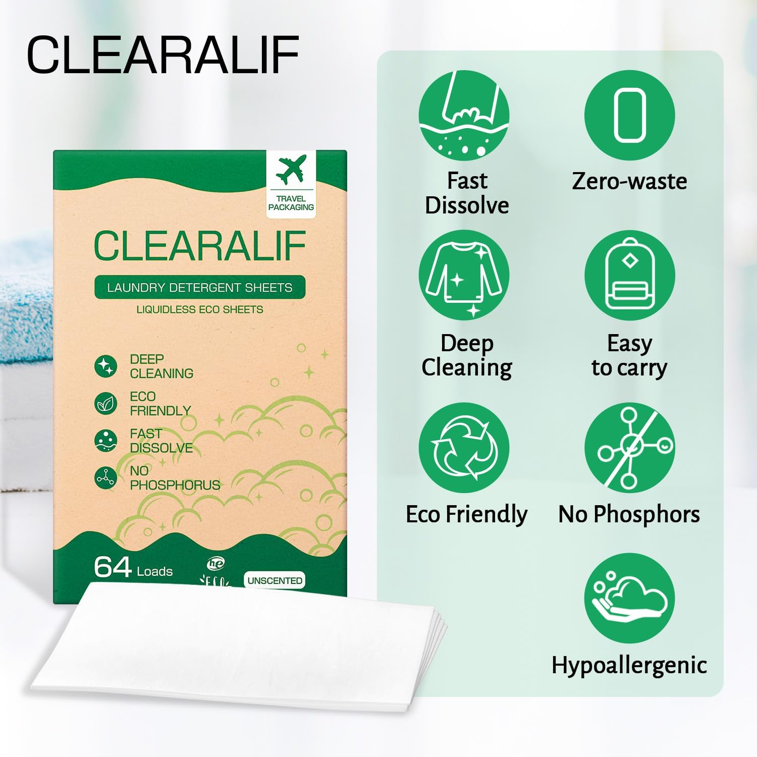 CLEARALIF Laundry Detergent Sheets Up to 160 Loads, Fresh Linen - Great For Travel,Apartments, Dorms,Laundry Detergent Strips Eco Friendly & Hypoallergenic