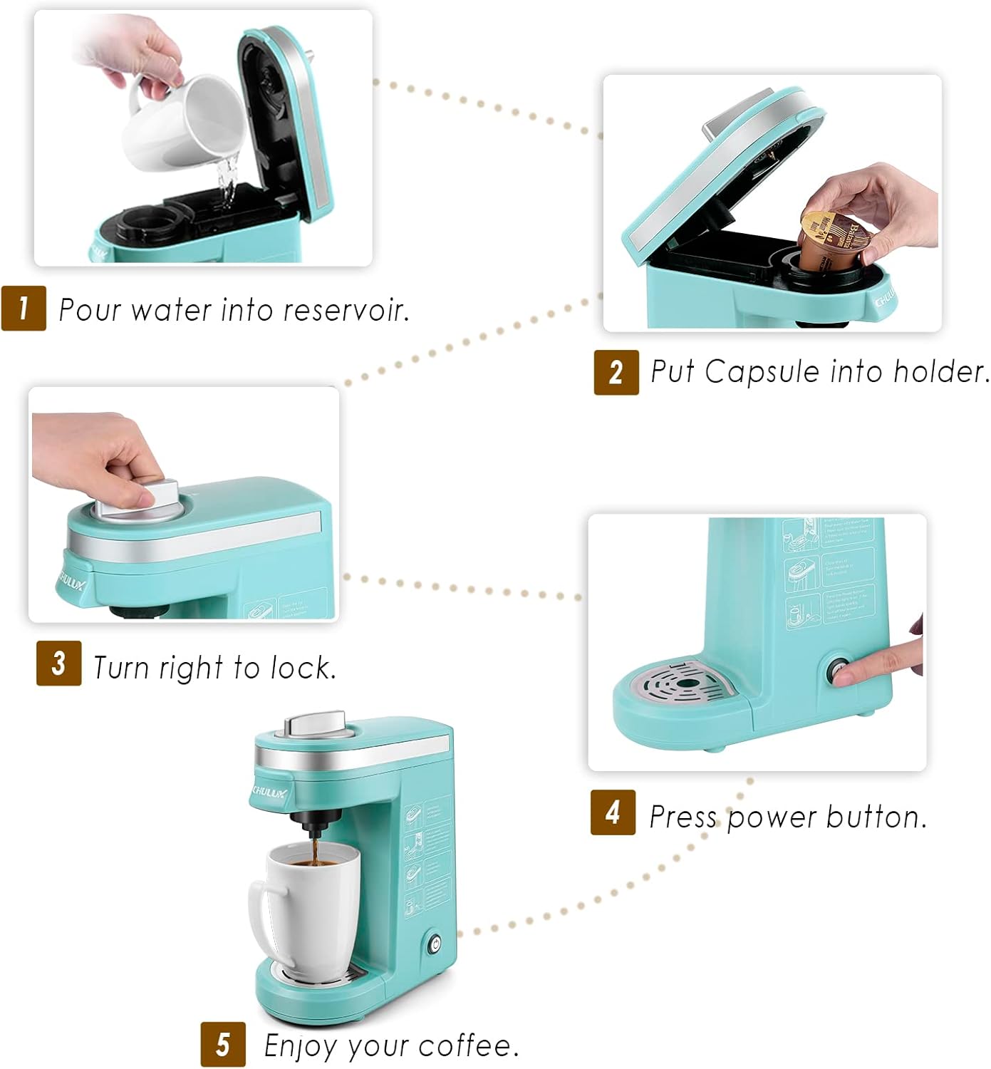 CHULUX Single Serve Coffee Maker for K Capsule and Ground Coffee, Single Cup Coffee Machine, Black