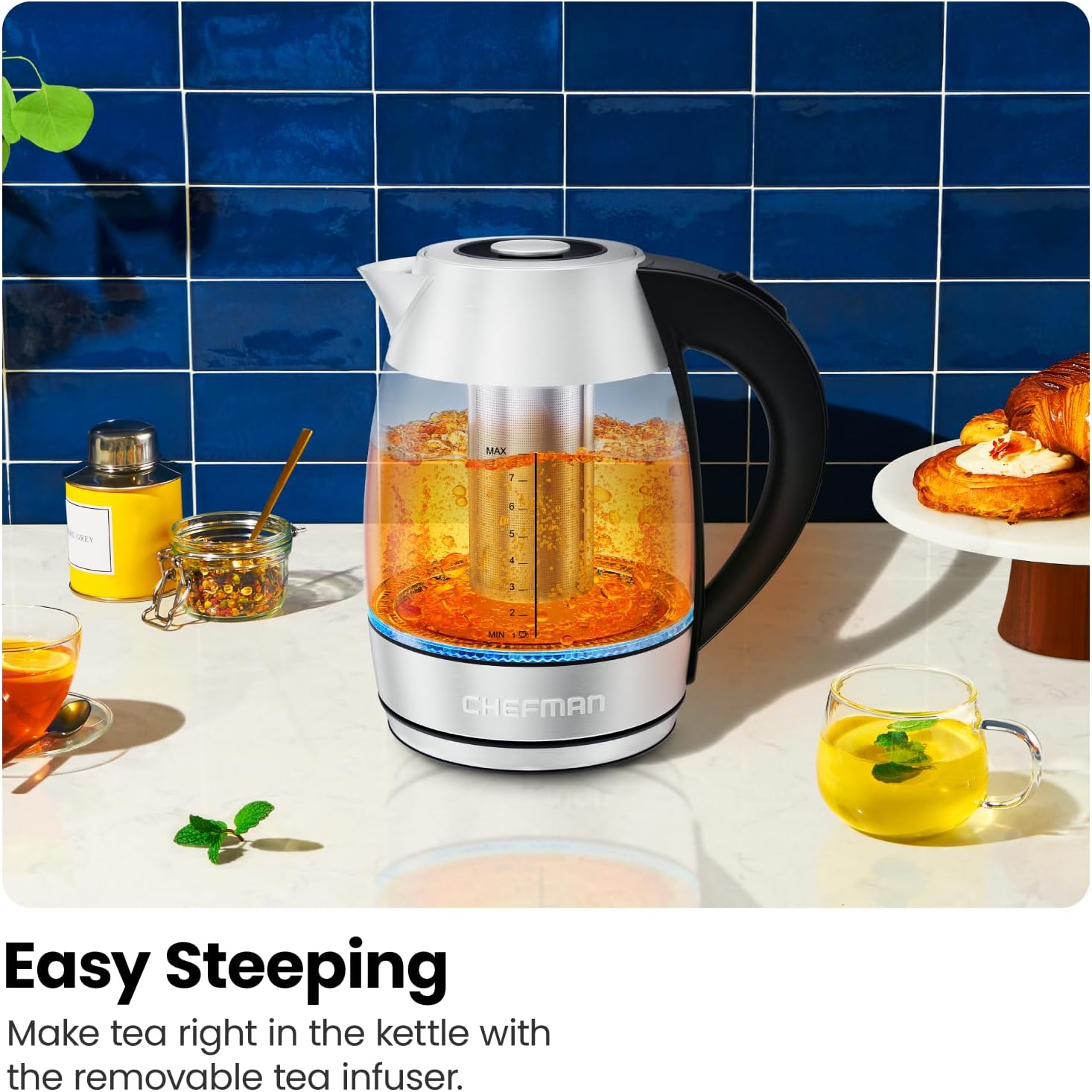 Chefman Electric Kettle with Temperature Control, 5 Presets LED Indicator Lights, Removable Tea Infuser, Glass Tea Kettle & Hot Water Boiler, 360° Swivel Base, BPA Free, Stainless Steel, 1.8 Liters