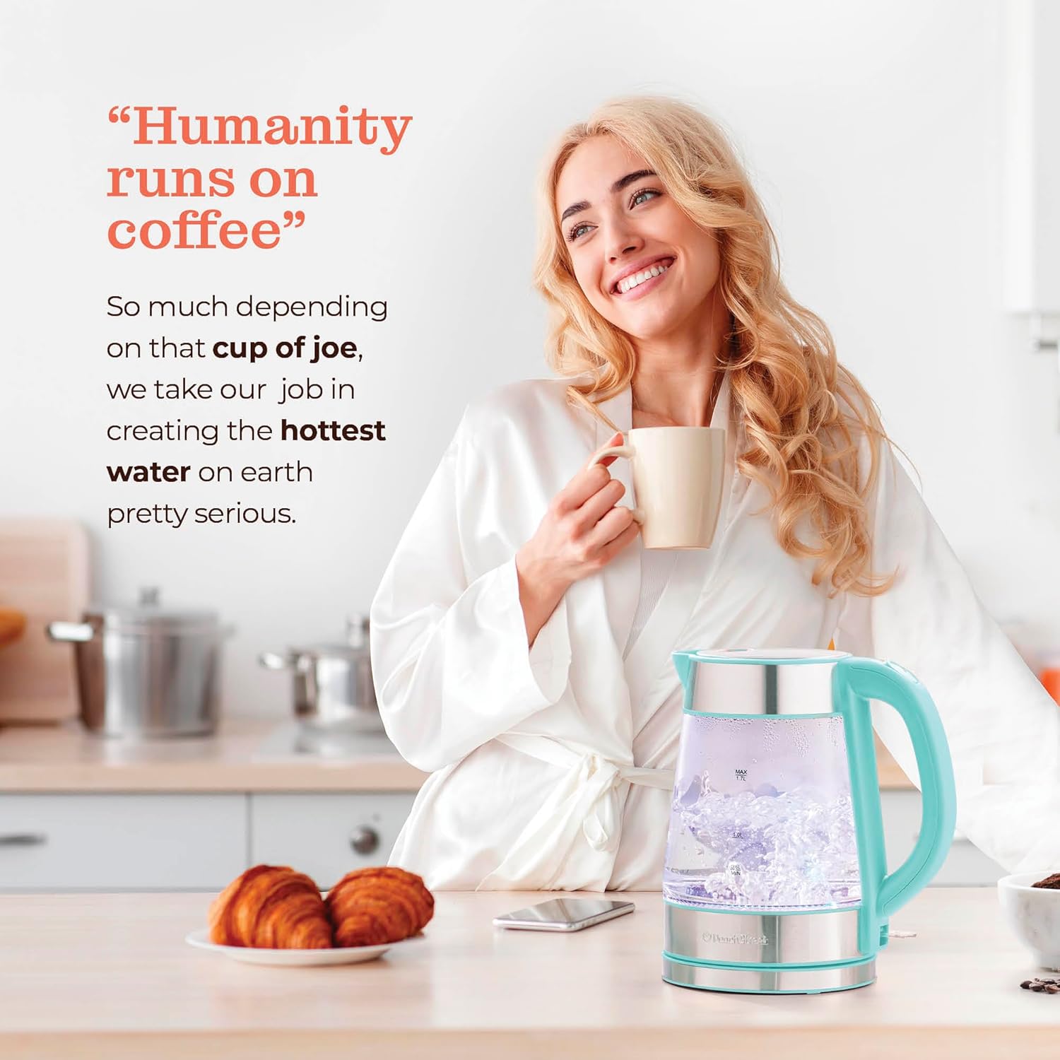 Speed-Boil Electric Kettle For Coffee & Tea - 1.7L Water Boiler 1500W, Borosilicate Glass, Easy Clean Wide Opening, Auto Shut-Off, Cool Touch Handle, LED Light. 360° Rotation, Boil Dry Protection