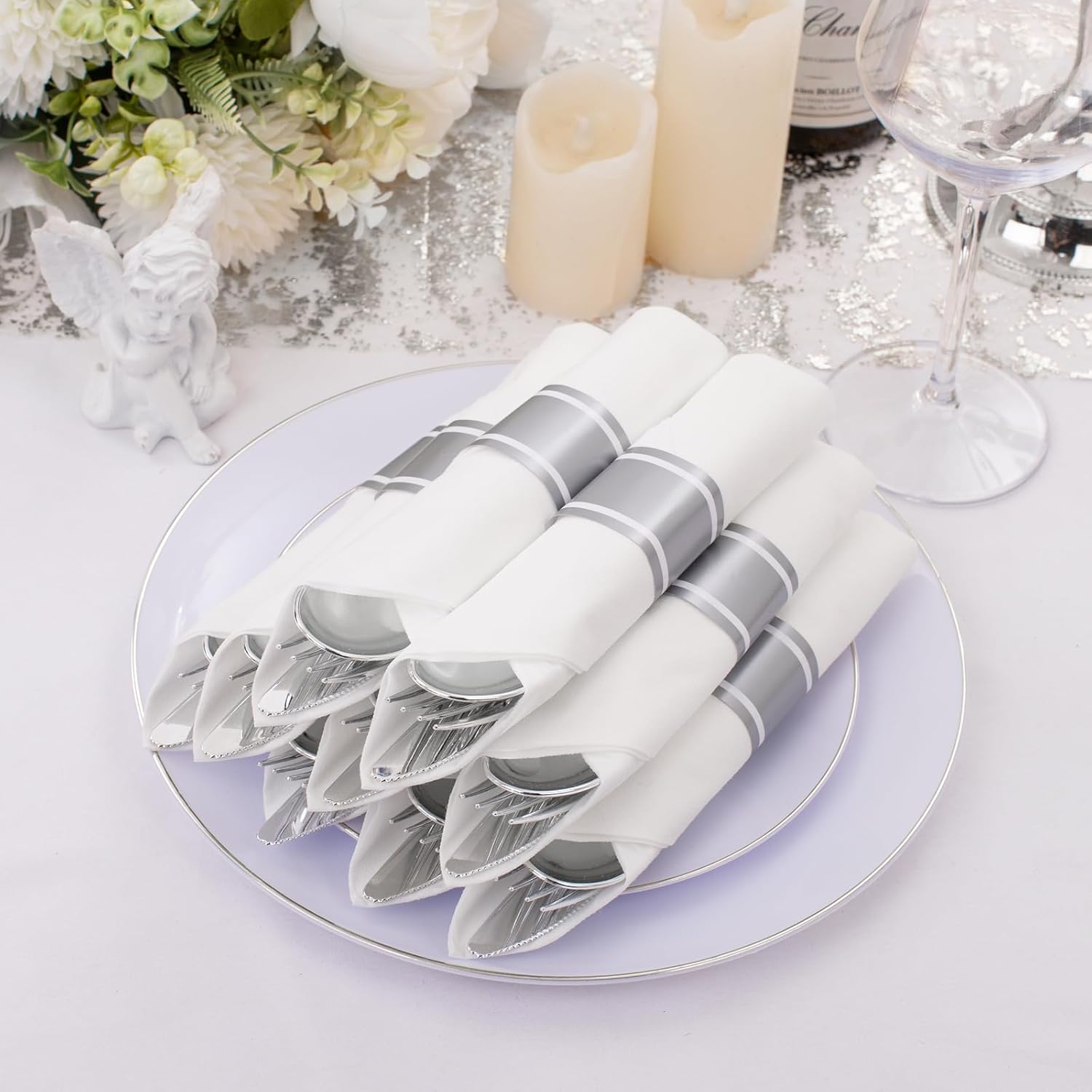 Supernal 60 Pack Pre Rolled Napkins with Gold Plastic Silverware, Premium Disposable Gold Wrapped Cutlery Set Includes: 60 Forks 60 Knives 60 Spoons 60 Napkin for Party