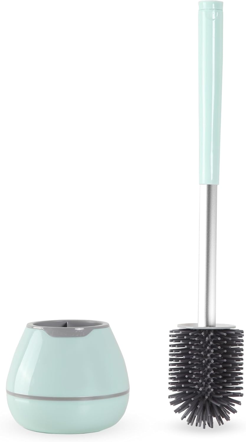 BOOMJOY Toilet Brush and Holder Set, Silicone Toilet Bowl Cleaner Brush, Bathroom Cleaning Bowl Brush Kit with Tweezers, Bathroom Accessories with Aluminum Handle - White