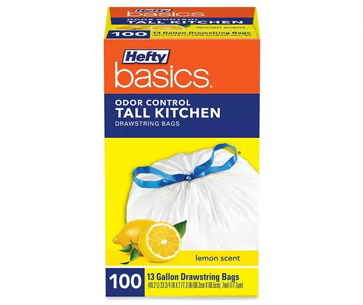 Hefty Basics Odor Control 13 Gallon Tall Kitchen Drawstring Bags 100 ct Lemon Scent Box
