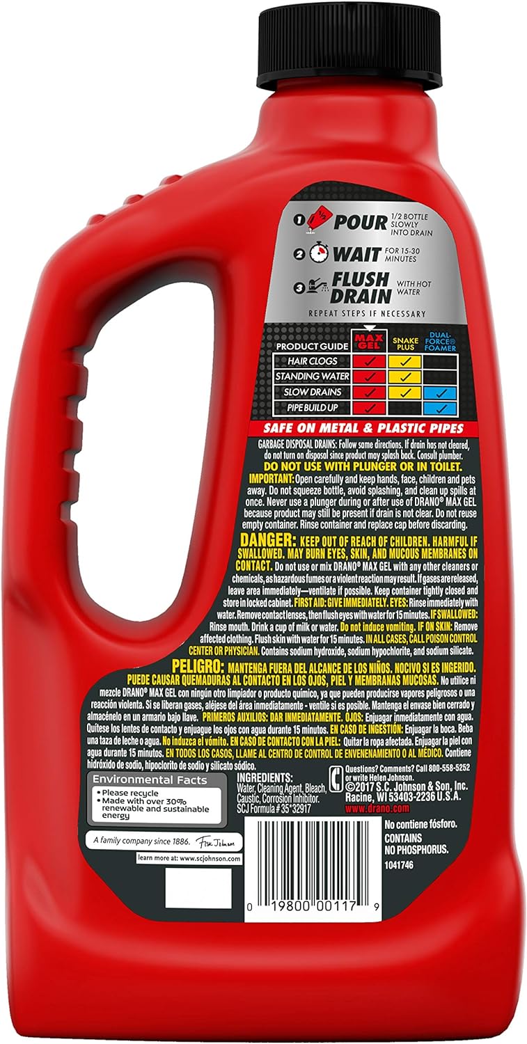 Drano Max Gel Drain Clog Remover and Cleaner for Shower or Sink Drains, Unclogs and Removes Hair, Soap Scum and Blockages, 80 Oz