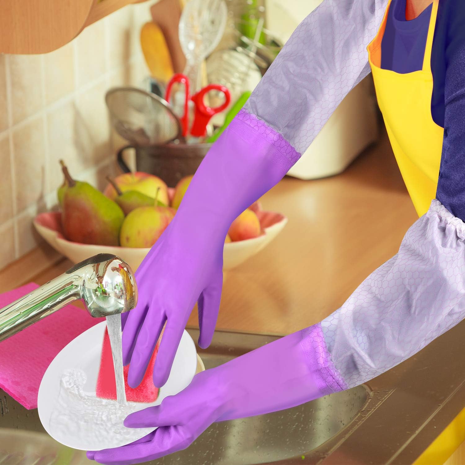 Elgood Reusable Dishwashing Cleaning Gloves with Latex free, Cotton lining,Kitchen Gloves 2 Pairs,Purple+blue Medium