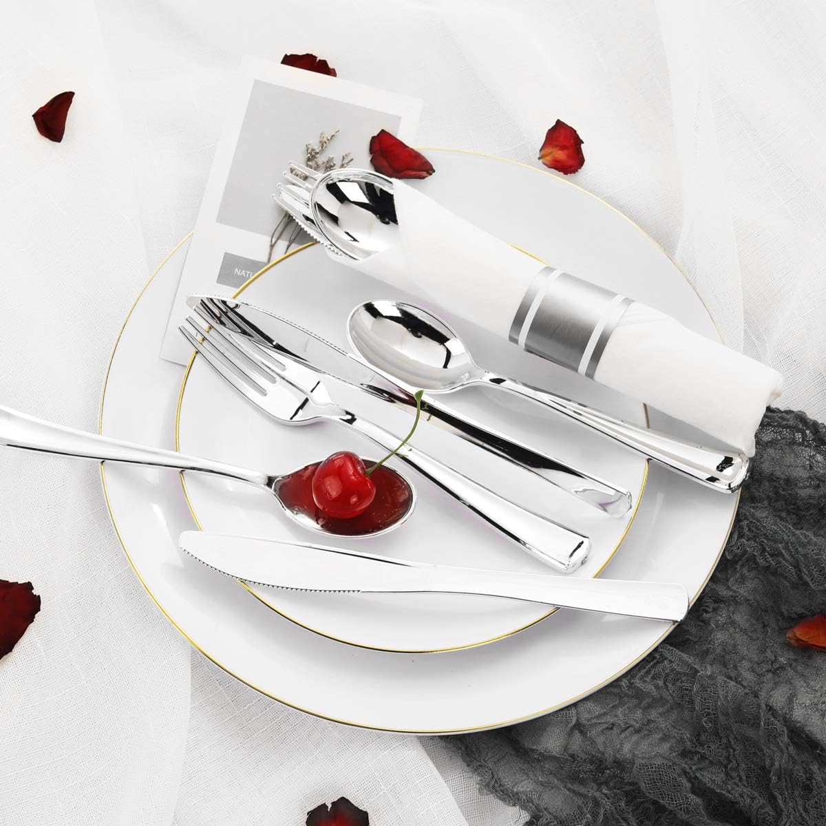 Supernal 60 Pack Pre Rolled Napkins with Gold Plastic Silverware, Premium Disposable Gold Wrapped Cutlery Set Includes: 60 Forks 60 Knives 60 Spoons 60 Napkin for Party