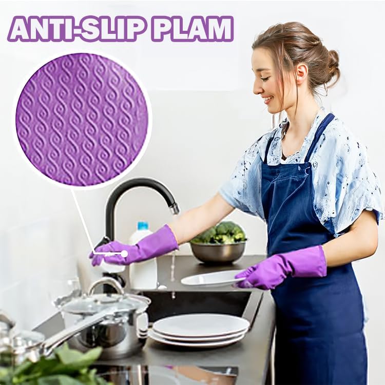 Elgood Reusable Dishwashing Cleaning Gloves with Latex free, Cotton lining,Kitchen Gloves 2 Pairs,Purple+blue Medium