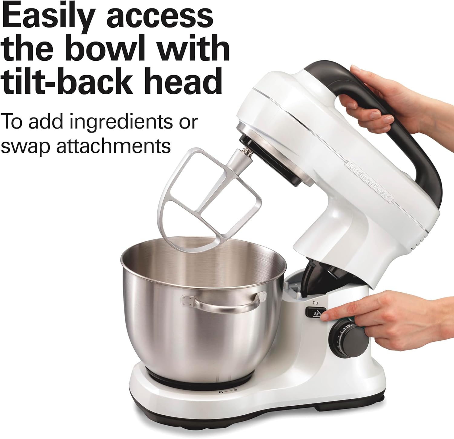 Hamilton Beach Electric Stand Mixer, 4 Quarts, Dough Hook, Flat Beater Attachments, Splash Guard 7 Speeds with Whisk, Black with Top Handle