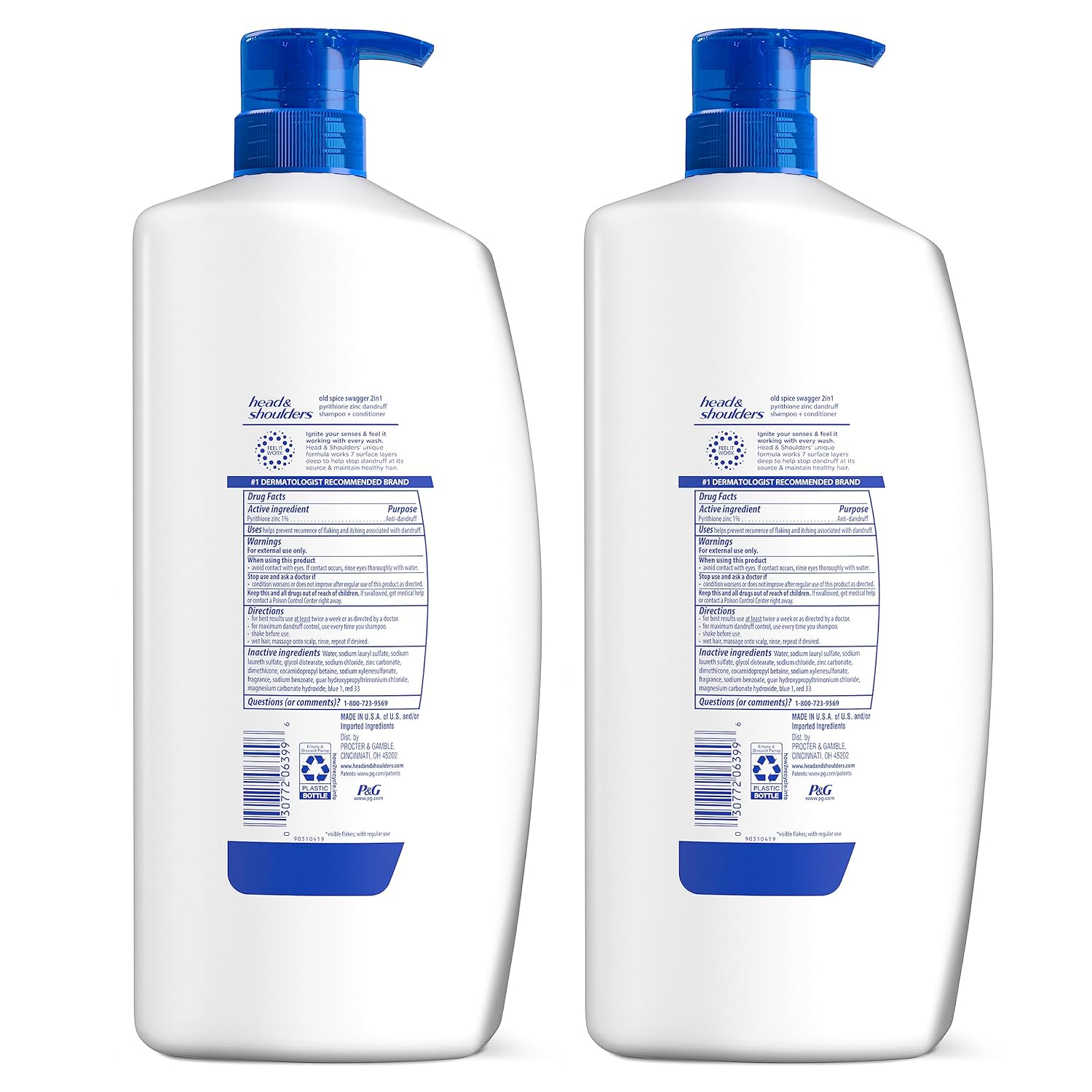 Head & Shoulders Mens 2 in 1 Dandruff Shampoo and Conditioner, Anti-Dandruff Treatment, Old Spice Swagger for Daily Use, Paraben Free, 31.4oz, 2 PACK