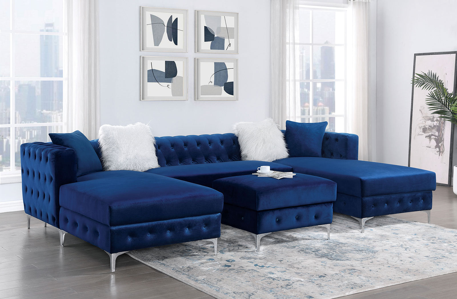 CIABATTONI Sectional w/ Ottoman, Navy