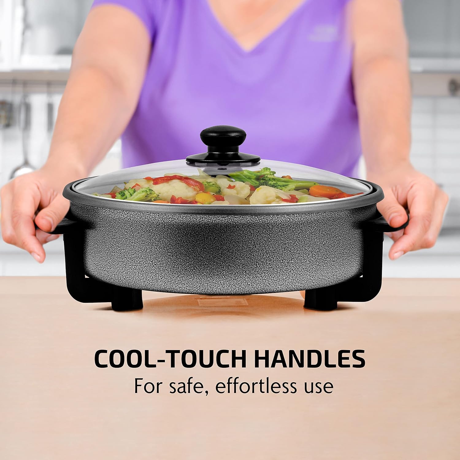 OVENTE 12 Inch Electric Skillet and Frying Pan with Nonstick Coating, 1400W Power, Adjustable Temperature Control, Tempered Glass Lid with Vent and Cool Touch Handles, Black SK11112B