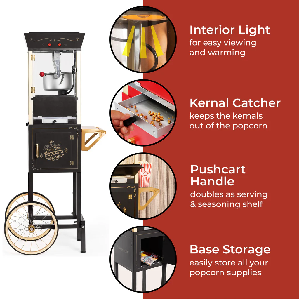 Vintage Professional Popcorn Cart - NEW 8-Ounce Kettle - 53 Inches Tall - Black