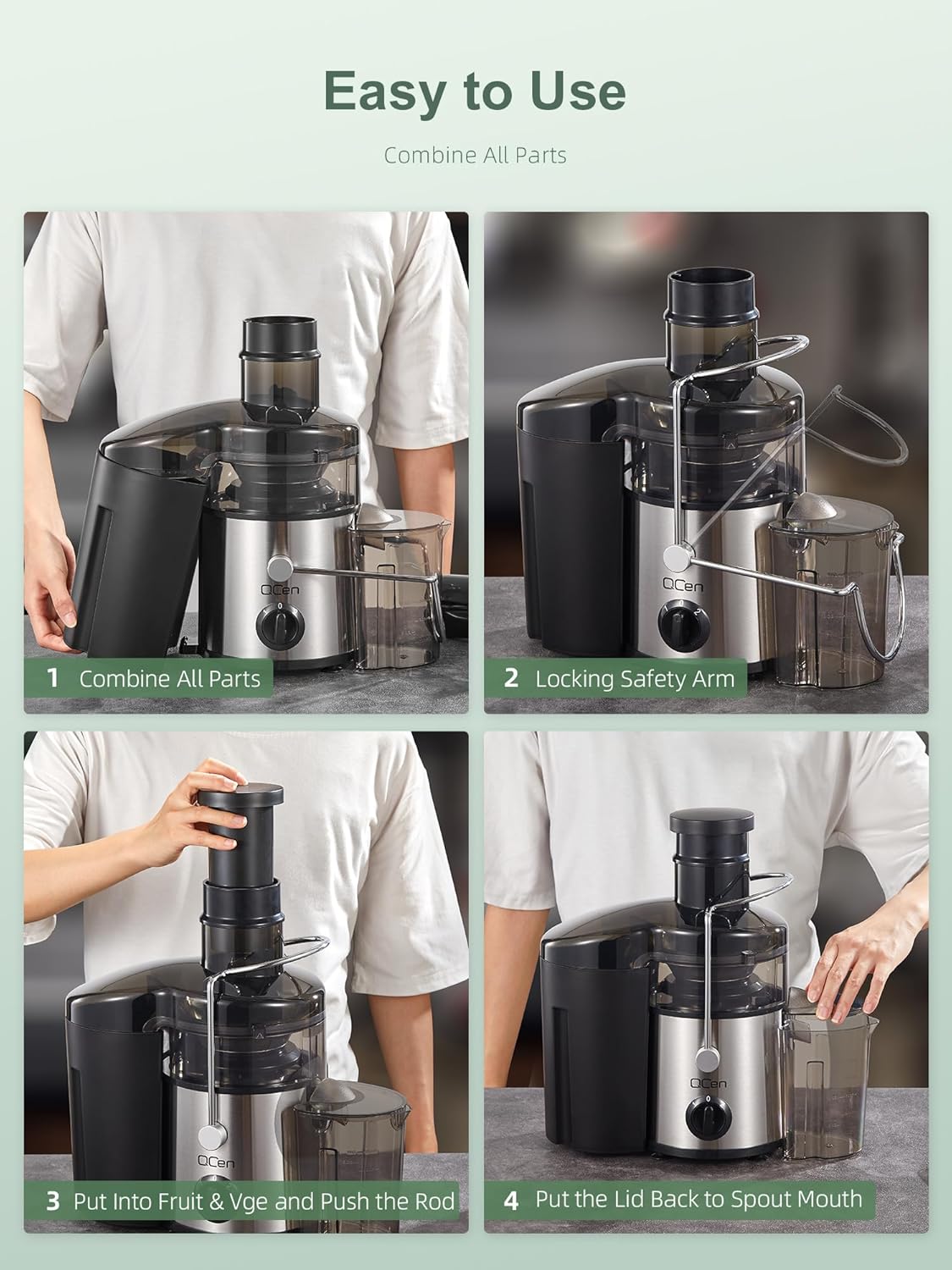 Qcen Juicer Machine, 800W Centrifugal Juicer Extractor with Wide Mouth 3” Feed Chute for Fruit Vegetable, Easy to Clean, Stainless Steel, BPA-free (Black)