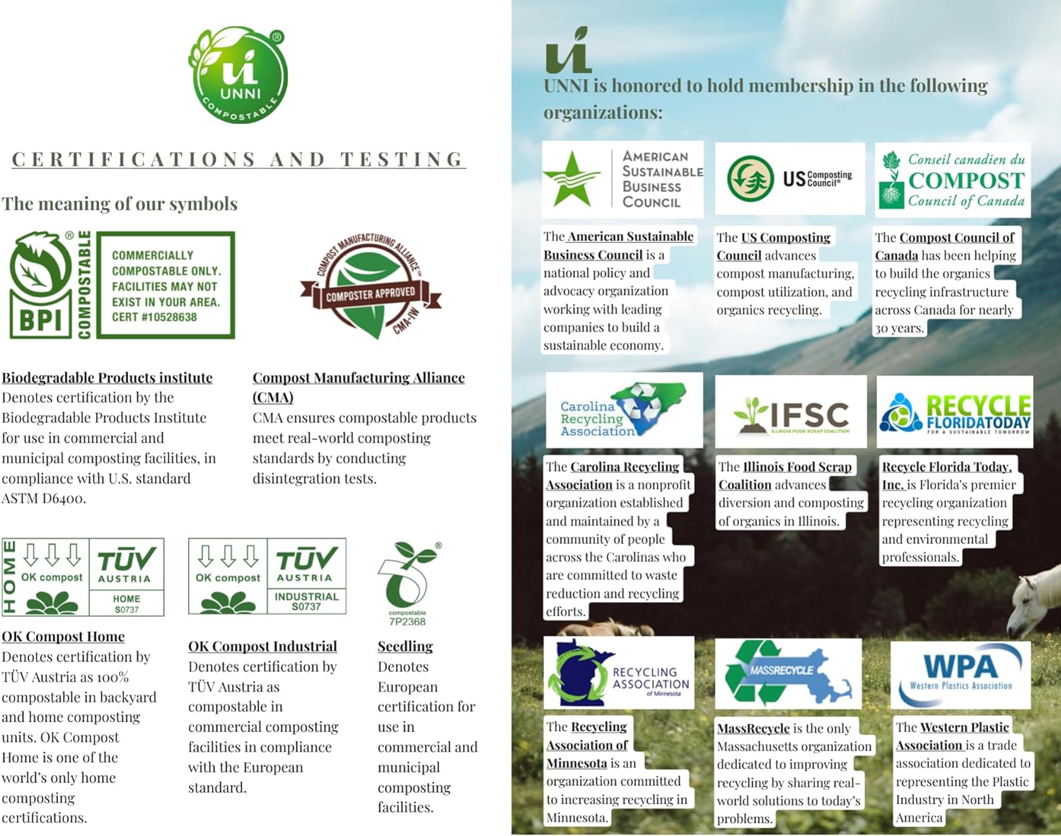 UNNI Compostable Liner Bags, 13 Gallon, 49.2 Liter, 50 Count, Heavy Duty 0.85 Mil, Tall Kitchen Food Scrap Waste Bags, ASTM D6400, US BPI, CMA and Europe OK Compost Home Certified, San Francisco