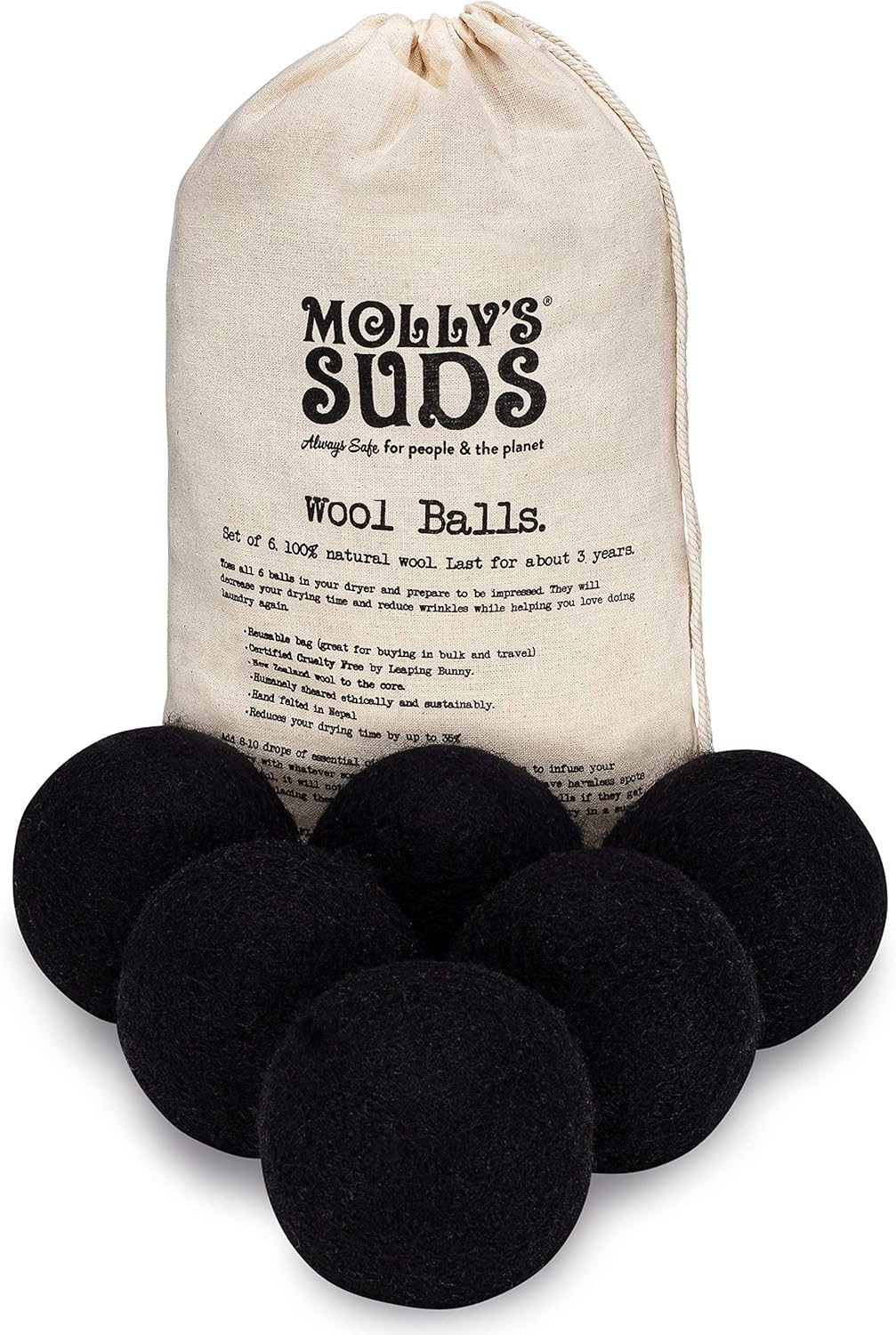 Molly's Suds Wool Dryer Balls | XL, Premium Organic Fabric Softener, Hypoallergenic, Hand-Felted, Reusable, Reduce Drying Time | White, Set of 6