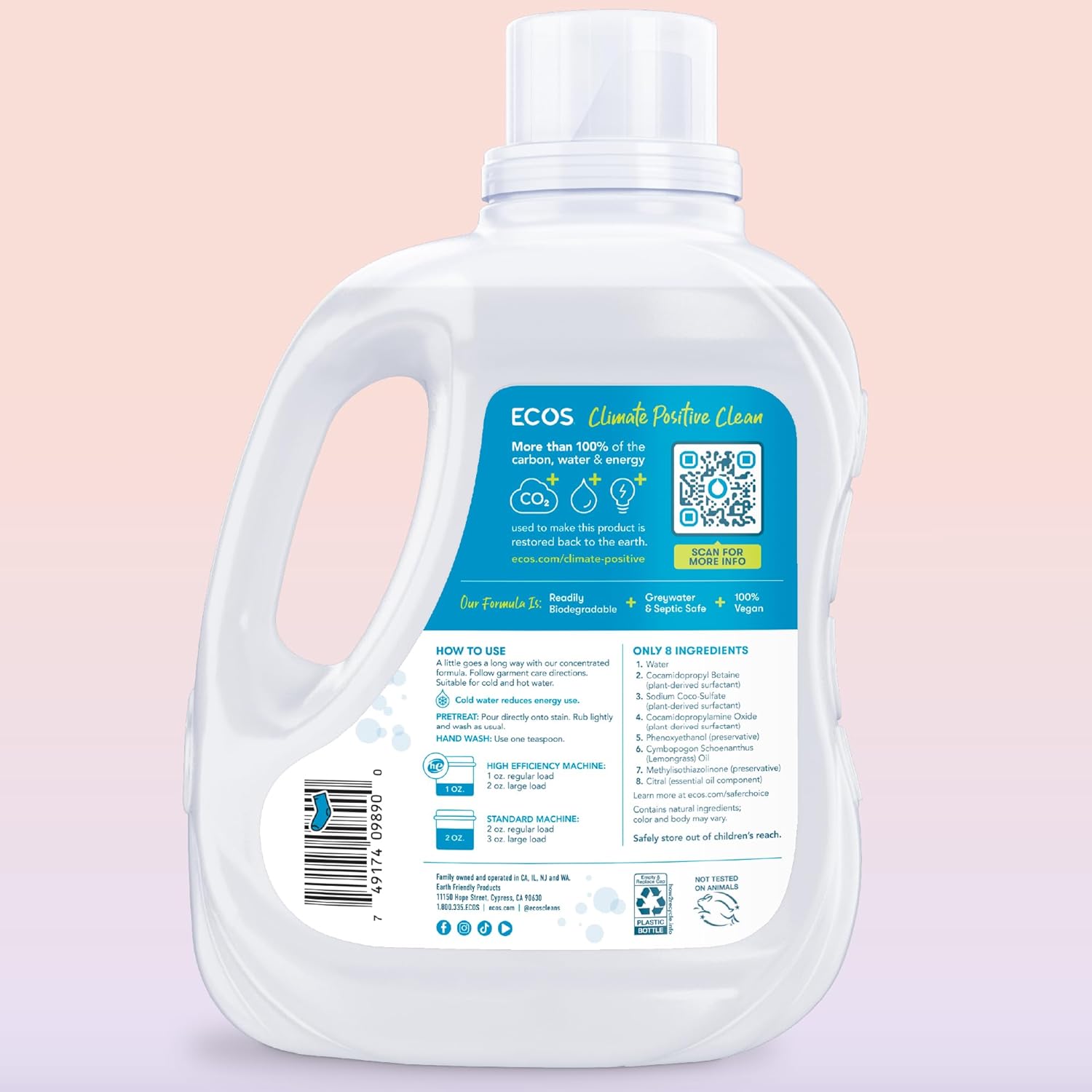 ECOS Laundry Detergent Liquid, 200 Loads - Dermatologist Tested Laundry Soap - Hypoallergenic, EPA Safer Choice Certified, Plant-Powered - Lavender, 100 Fl Oz (Pack of 2)