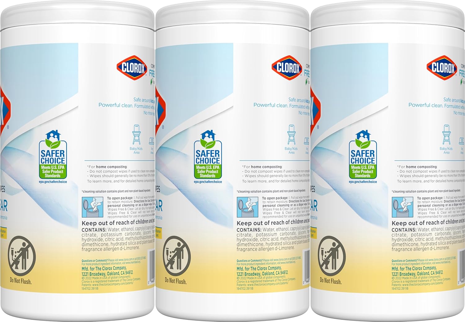 Clorox Free & Clear Compostable Cleaning Wipes, Light Lemon Scent, 75 Count, Pack of 3 (Pack May Vary)