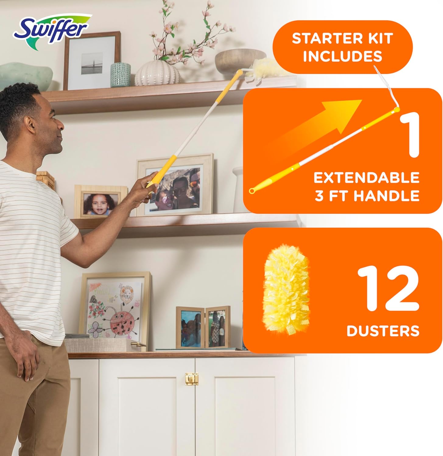 Swiffer Duster Heavy Duty 3 ft Extended Handle Dusting Kit (1 Duster, 12 Refills)