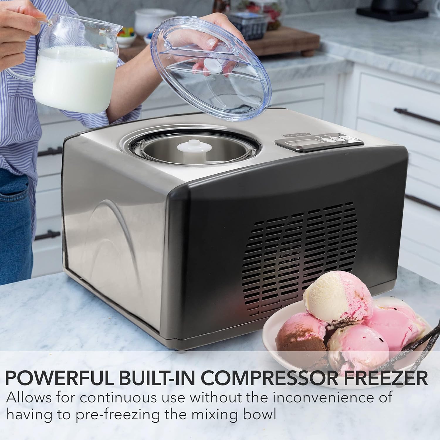 Whynter Ice Cream Maker Machine Automatic 2.1 Qt with Built-in Compressor, LCD Digital Display & Timer, No Pre-Freezing, ICM-200LS, Stainless Steel