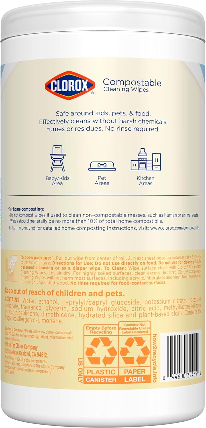 Clorox Free & Clear Compostable Cleaning Wipes, Light Lemon Scent, 75 Count, Pack of 3 (Pack May Vary)