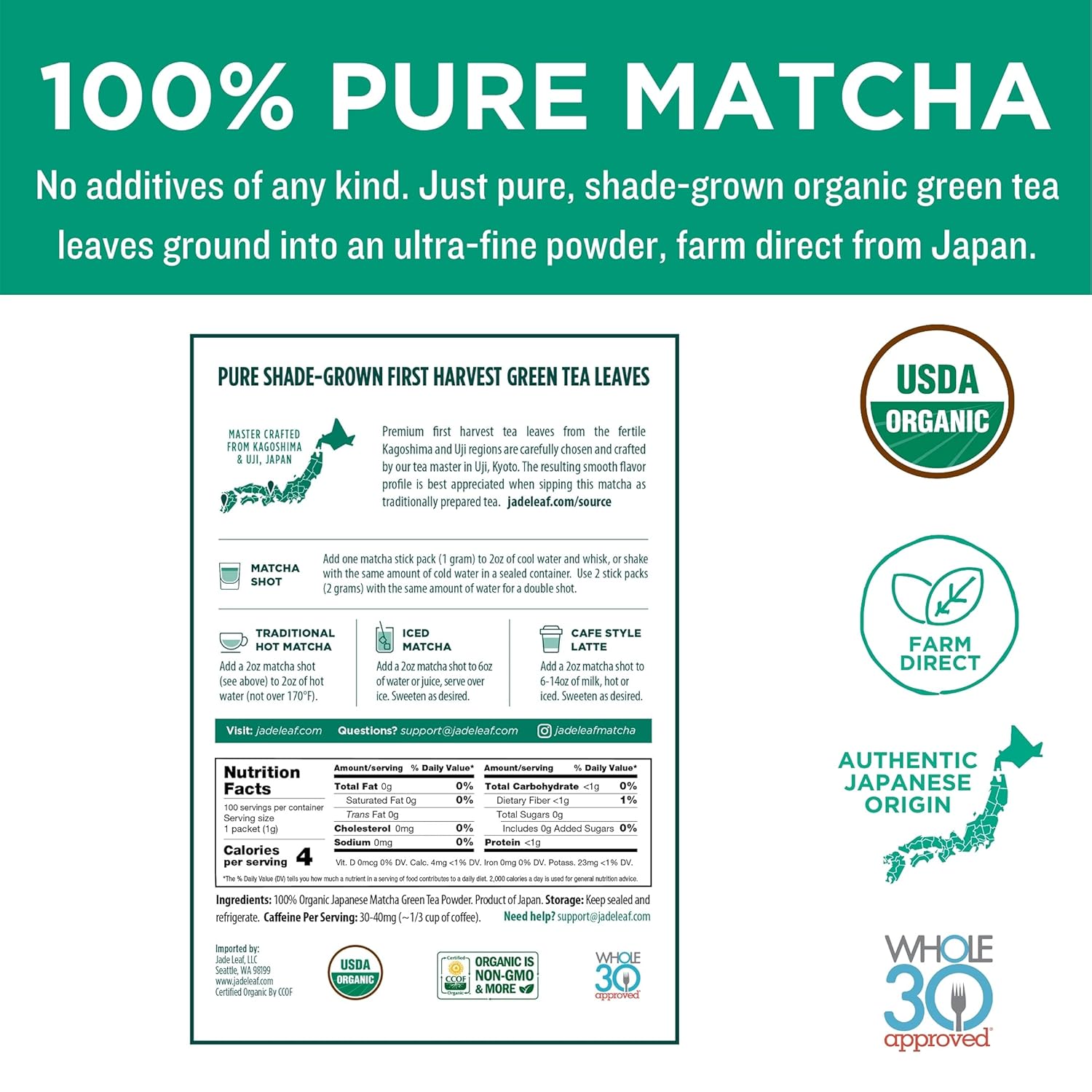 Jade Leaf Matcha Organic Green Tea Powder - Culinary Grade Premium Second Harvest - Authentic Japanese Origin (1.06 Ounce Pouch)