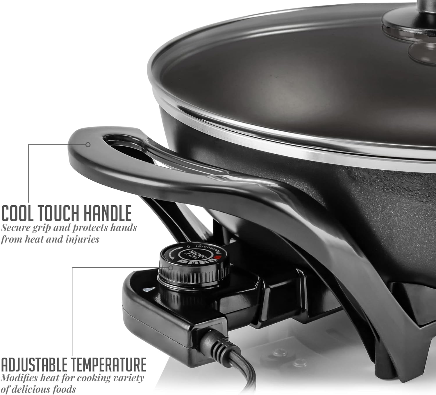 OVENTE 12 Inch Electric Skillet and Frying Pan with Nonstick Coating, 1400W Power, Adjustable Temperature Control, Tempered Glass Lid with Vent and Cool Touch Handles, Black SK11112B
