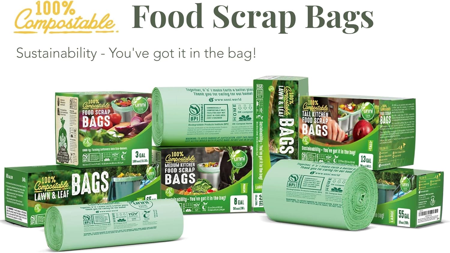 UNNI Compostable Liner Bags, 2.6 Gallon, 9.84 Liter, 100 Count, Extra Thick 0.71 Mil, Small Kitchen Food Scrap Waste Bags, ASTM D6400, US BPI, CMA & Europe OK Compost Home Certified, San Francisco