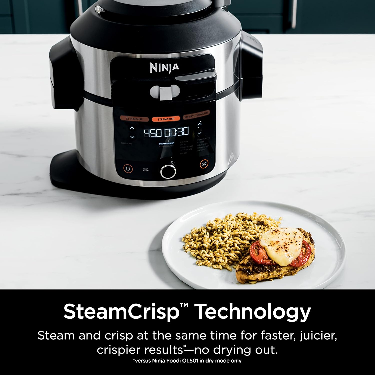 Ninja OL601 Foodi XL 8 Qt. Pressure Cooker Steam Fryer with SmartLid, 14-in-1 that Air Fries, Bakes & More, with 3-Layer Capacity, 5 Qt. Crisp Basket & 45 Recipes, Silver/Black