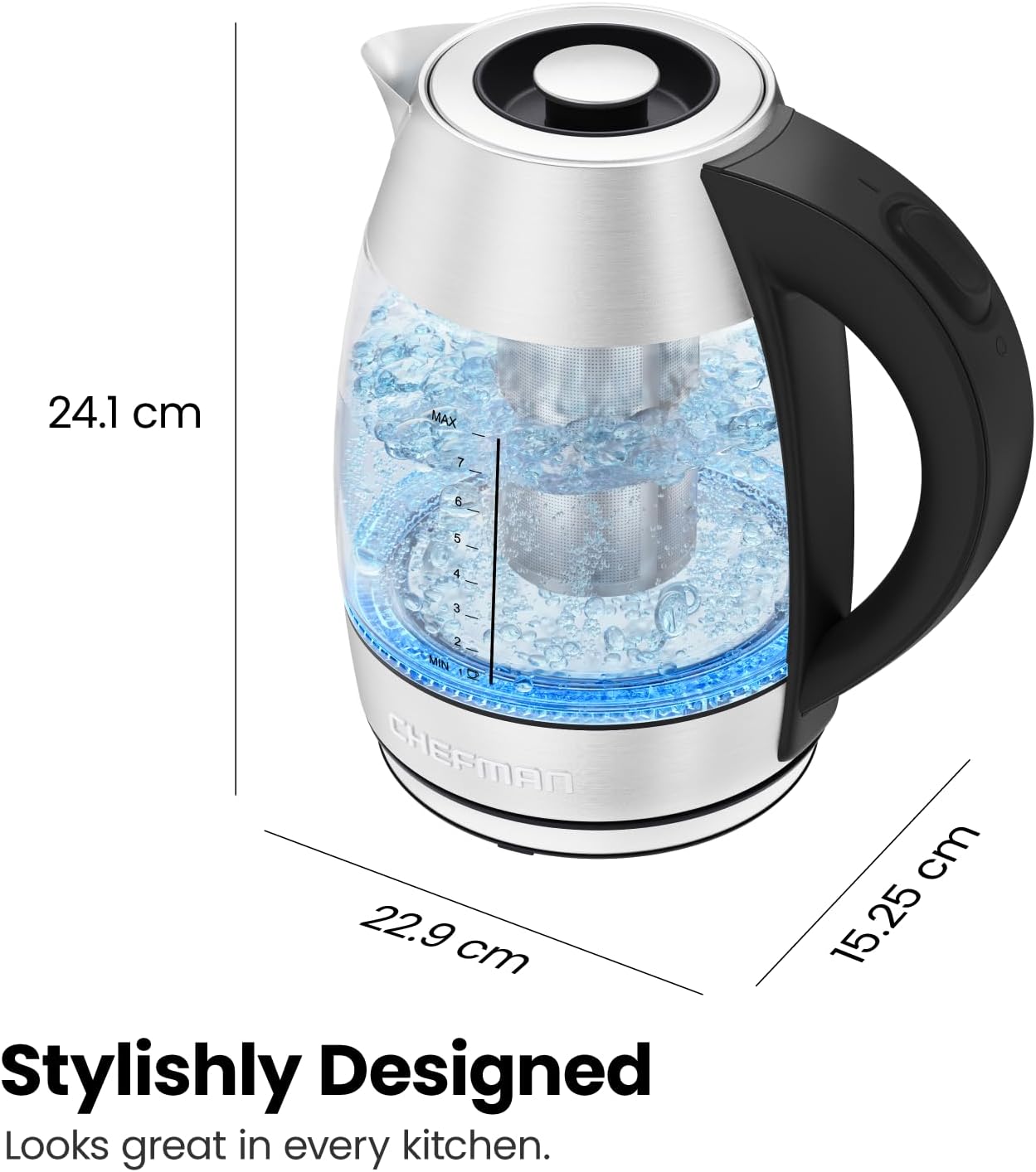 Chefman Electric Kettle with Temperature Control, 5 Presets LED Indicator Lights, Removable Tea Infuser, Glass Tea Kettle & Hot Water Boiler, 360° Swivel Base, BPA Free, Stainless Steel, 1.8 Liters