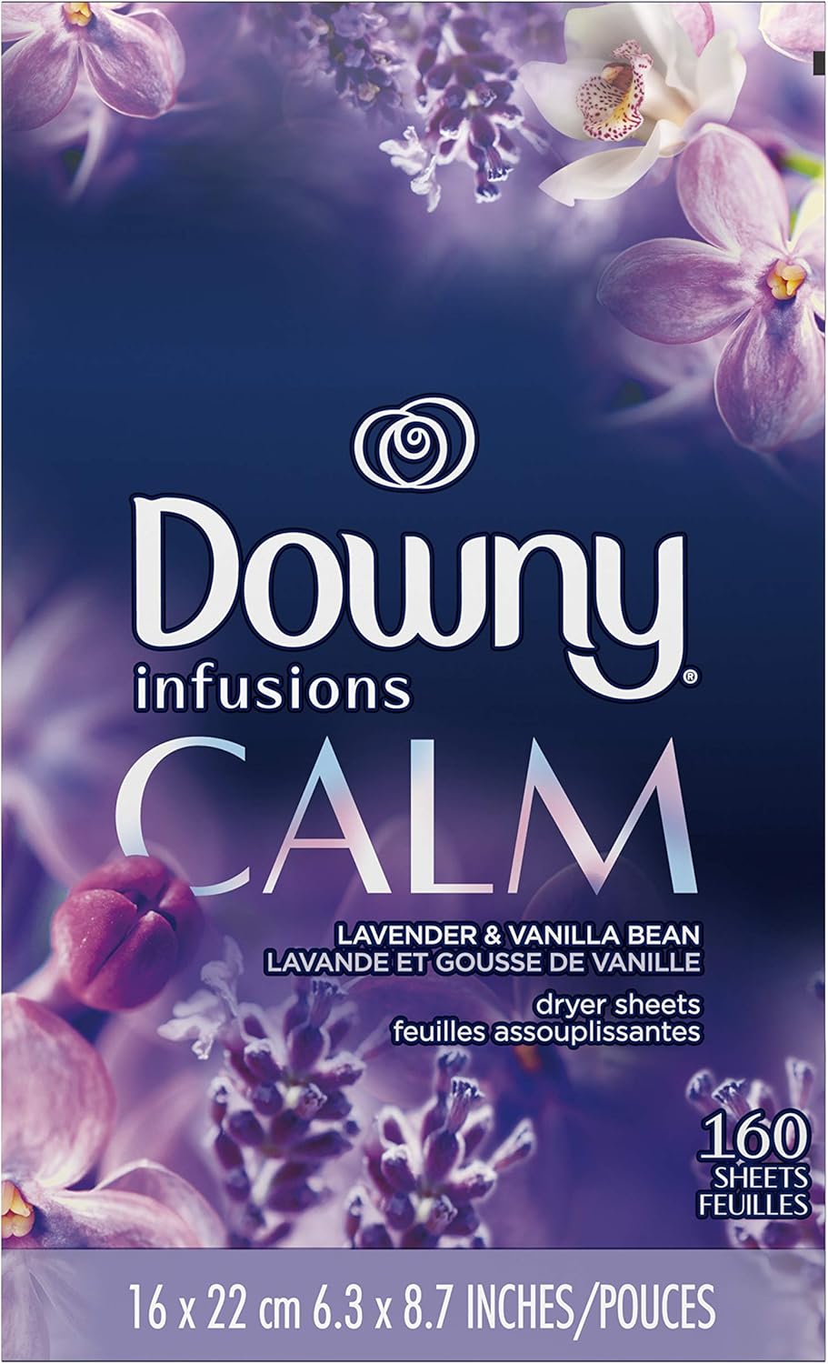 Downy Infusions Mega Dryer Sheets, Laundry Fabric Softener, CALM, Lavender and Vanilla Bean, 180 Count (3 box of 60 sheets)