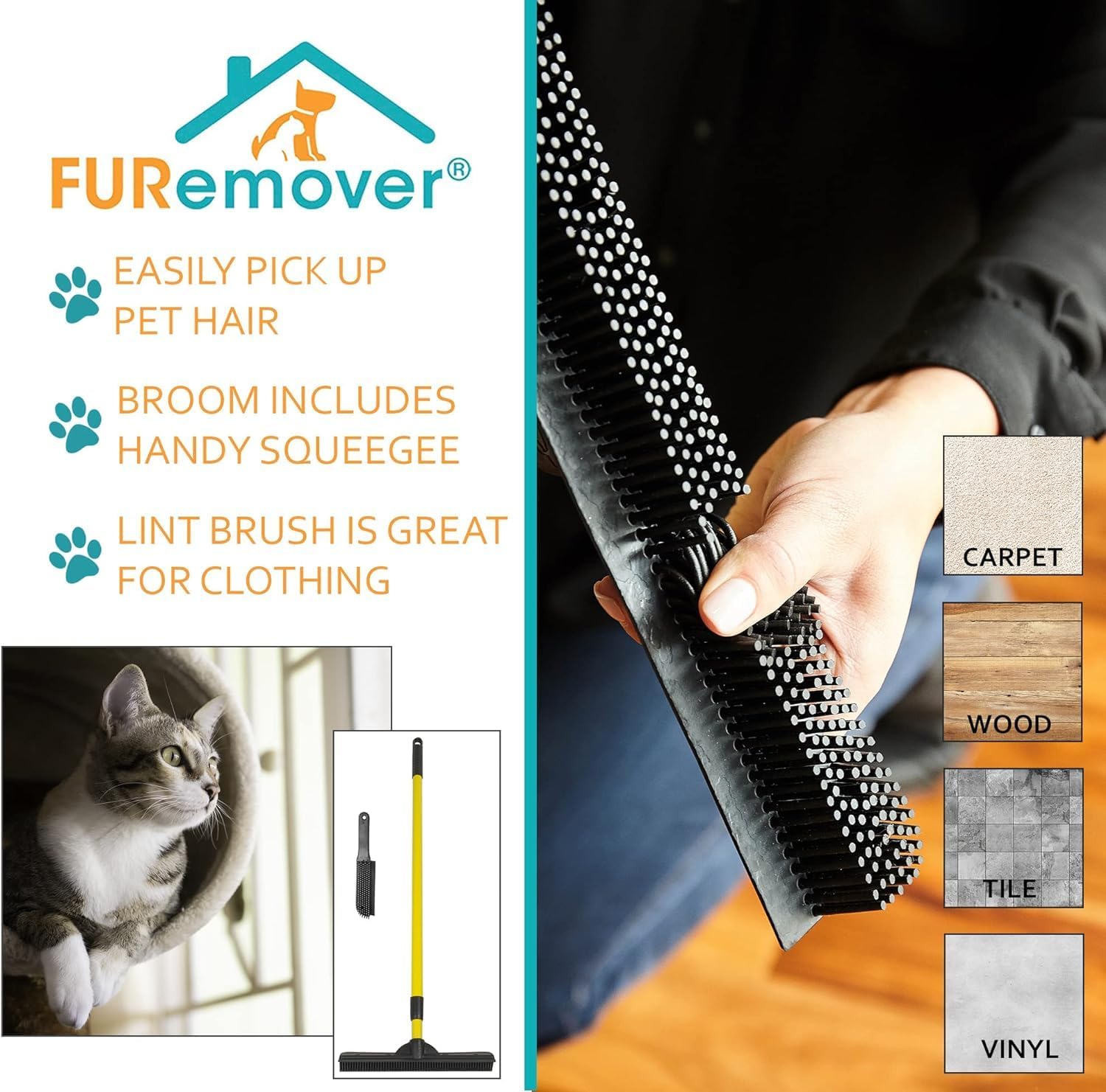 FURemover Original Indoor Pet Hair Rubber Broom with Carpet Rake and Squeegee, Black and Yellow