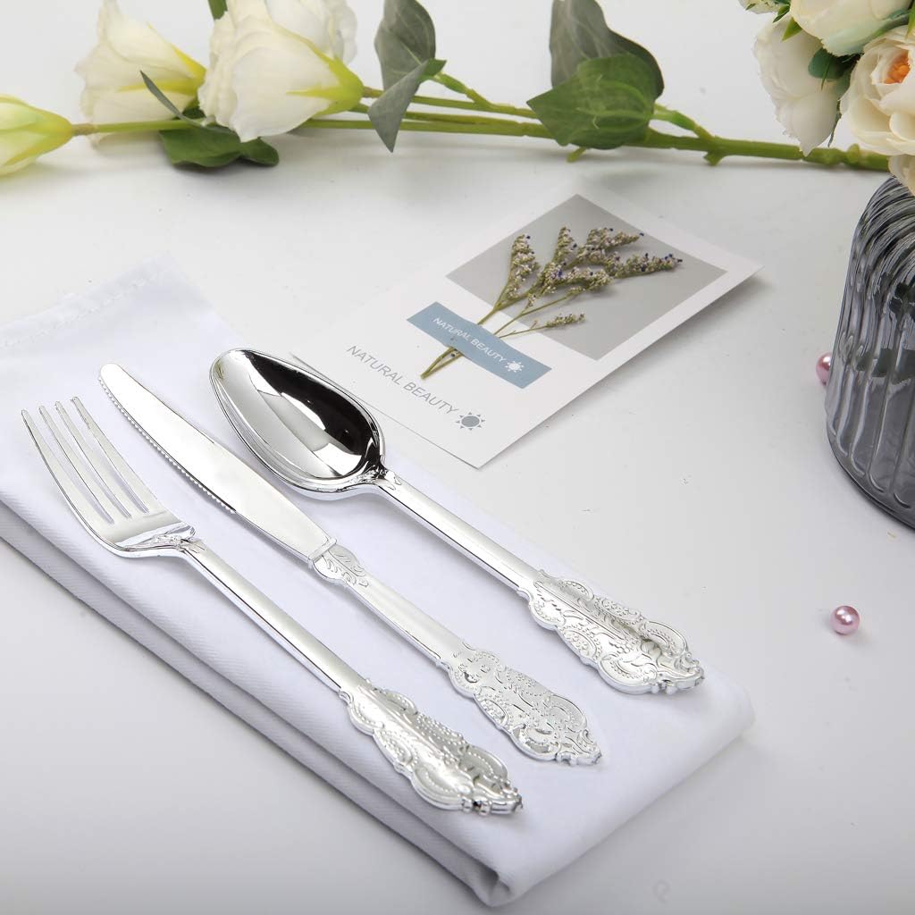 WDF300 Pieces Gold Plastic Silverware - Heavy Duty Disposable Gold Cutlery Set Plastic Gold Silverware Set Plastic Includes 100 Forks, 100 Spoons, 100 Knives