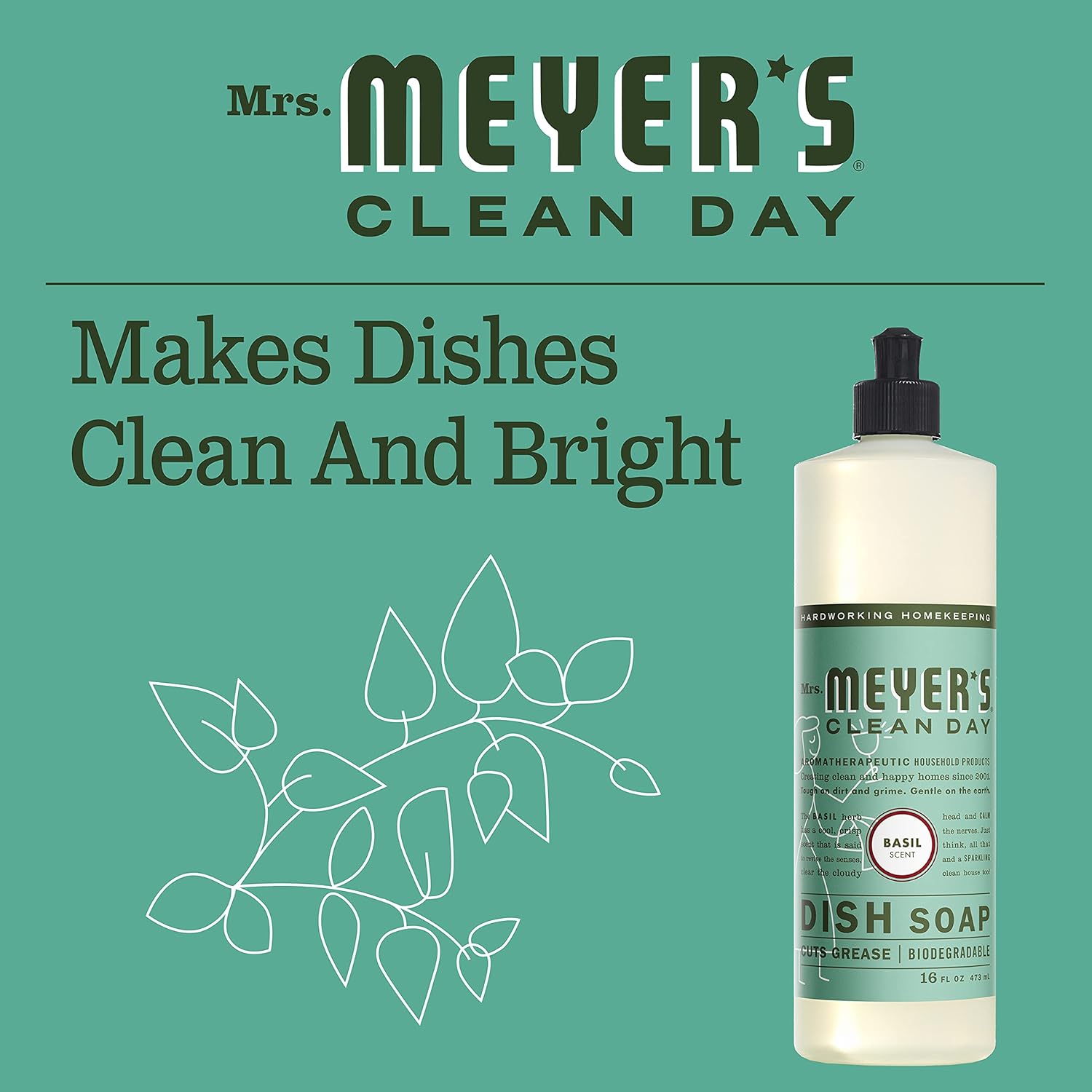 MRS. MEYER'S CLEAN DAY Liquid Dish Soap, Biodegradable Formula, Basil, 16 fl. oz - Pack of 3