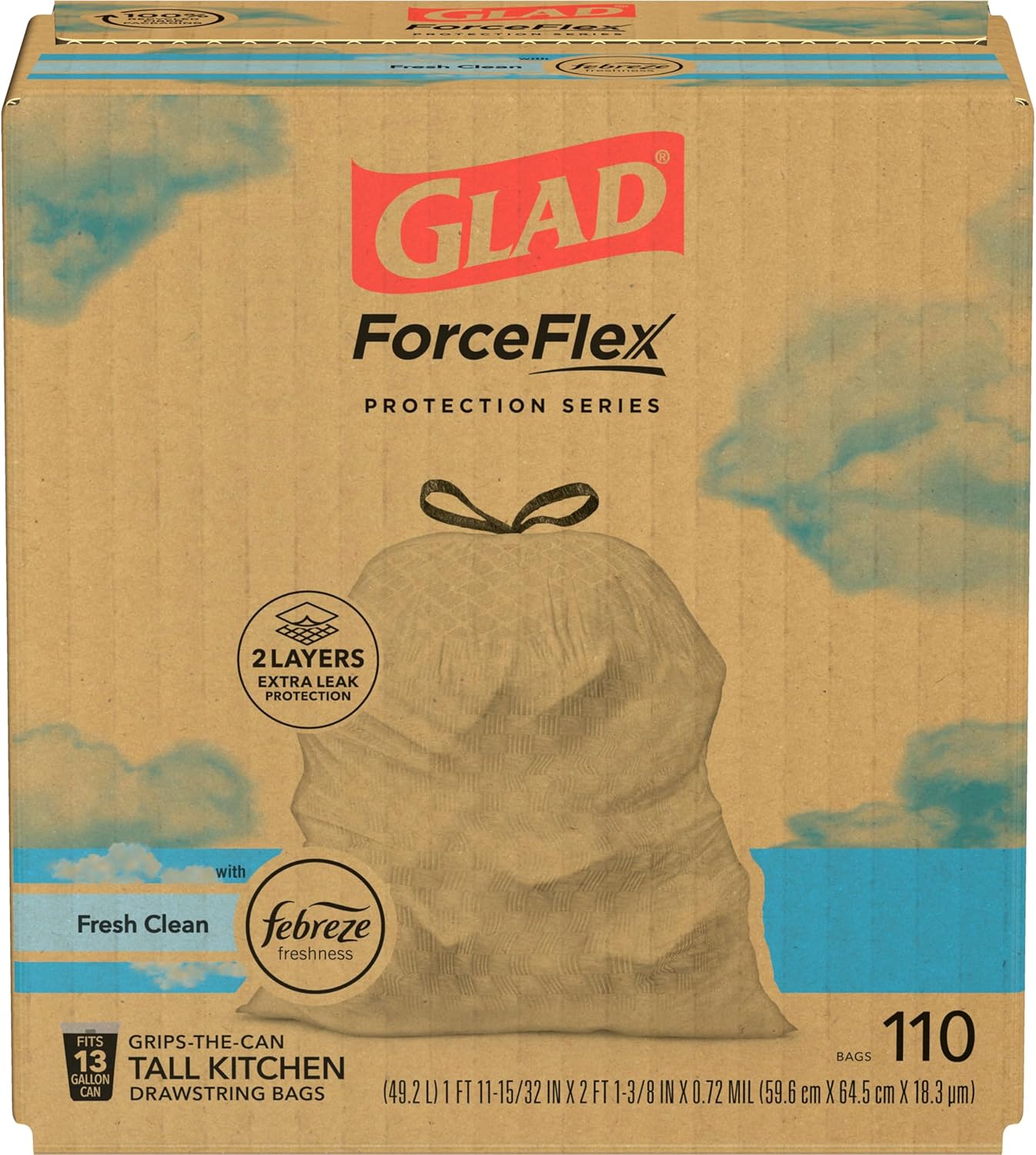 Glad Trash Bags, ForceFlex Tall Kitchen Drawstring Garbage Bags, 13 Gal, Fresh Clean Scent with Febreze, 110 Ct (Packaging May Vary)