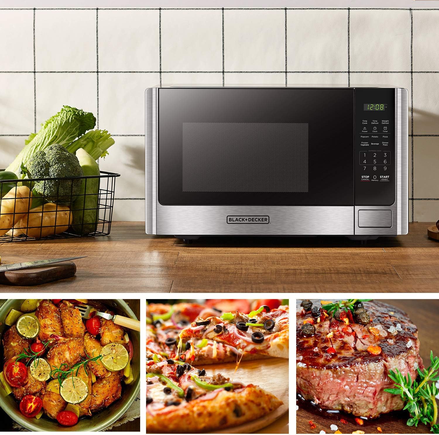 BLACK+DECKER EM720CB7 Digital Microwave Oven with Turntable Push-Button Door, Child Safety Lock, 700W, Stainless Steel, 0.7 Cu.ft